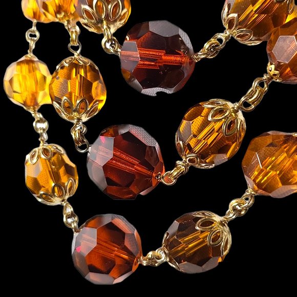 Woman's Vintage Necklace Signed Amber Glass 3 Strand Antique Gold Finish - Picture 8 of 9